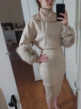 LAPOINTE Tan Beige Neutral Fur Midi Knit Dress